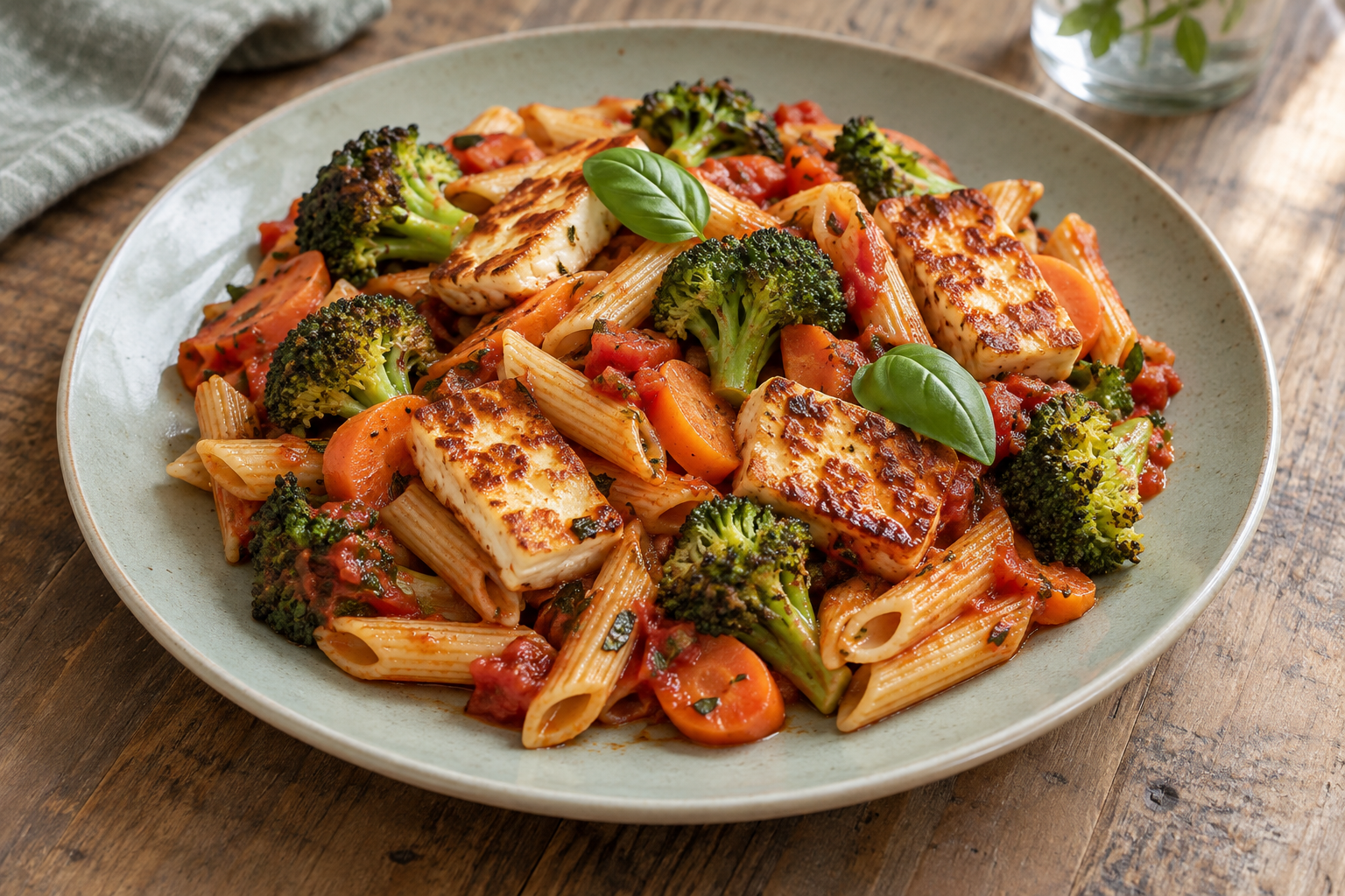 Serveringsförslag: Grillostpasta, broccoli, morötter och tomat